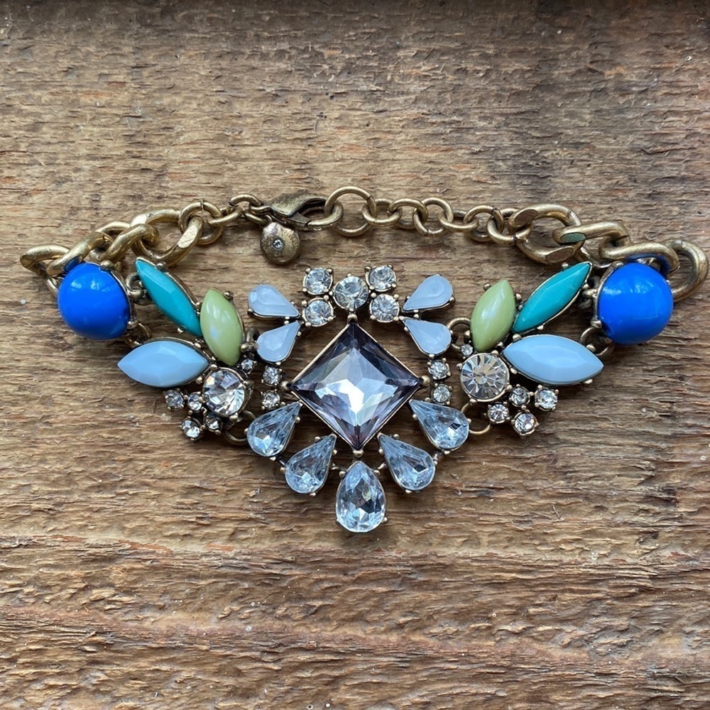J. Crew blue, green, white gem and gold strand bracelet